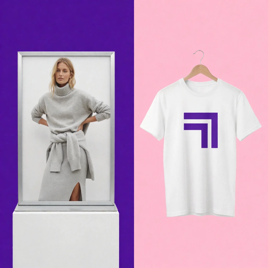 A clean side-by-side commercial mockup featuring a display board against deep purple and a hanging t-shirt against pastel pink. The left side presents a silver-framed vertical sign on a white pedestal, showcasing a photograph of a blonde woman posing casually in layered light grey knitwear, including a turtleneck, a slit skirt, and a sweater tied around her waist. The right half displays a pristine white short-sleeved t-shirt suspended from a wooden clothes hanger. Centered on the t-shirt is a purple geometric graphic consisting of two thick, nested right angles. The minimalist composition utilizes solid, vibrant background colors and flat lighting to isolate the subjects in a crisp, modern aesthetic.
