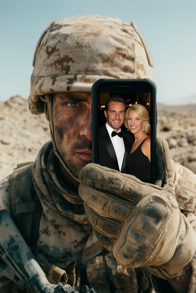 rugged soldier in desert camouflage holding a smartphone towards the lens, thick tactical gloves gripping a black protective phone case, forced perspective, phone screen aligning perfectly to obscure half of the man's rugged dirty face, screen displaying a polished photo of him in a tuxedo next to a smiling blonde woman, sharp visual contrast between the gritty sun-bleached desert combat background and the elegant formal event on screen, cinematic advertising photography, high detail