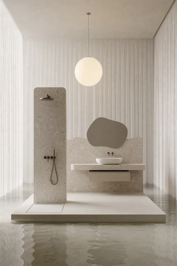 minimalist bathroom installation on a white platform surrounded by calm shallow water, freestanding terrazzo shower column, dark metal fixtures, matching stone vanity wall, organic amoeba-shaped mirror, white vessel sink, floating wooden drawer, glowing spherical pendant light suspended above, floor-to-ceiling sheer white pleated curtains enclosing the space, monochromatic beige palette, soft diffused ethereal lighting, surreal luxury interior, symmetrical composition, photorealistic 3D render