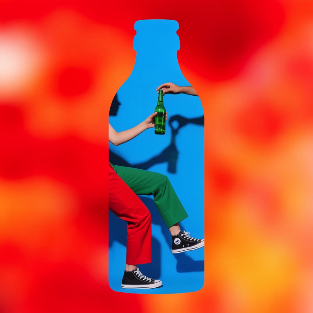 A vibrant pop-art scene framed by a blurred red and orange gradient revealing a central bottle-shaped cutout. Inside the bright blue void, a dark shadow profile backs disembodied limbs: an arm hands a green glass bottle to another above stepping legs wearing mismatched red and green trousers and classic canvas sneakers.