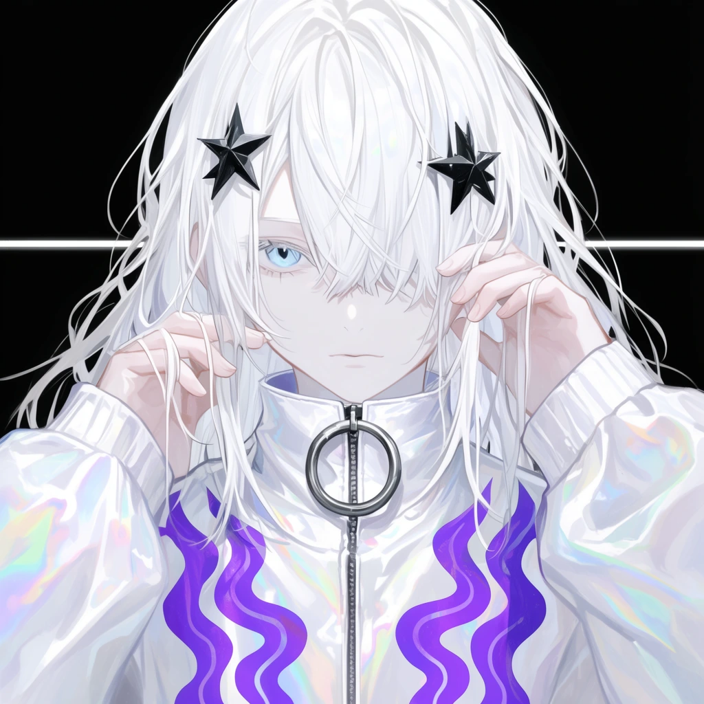 anime portrait of a pale figure, long messy white hair with black star clips, one icy blue eye peering through thick bangs, hands gently touching hair near the face, glossy white high-collared jacket with purple wavy decals and large metal ring zipper pull, black background intersected by a sharp horizontal white line, iridescent fabric reflections, luminous digital illustration