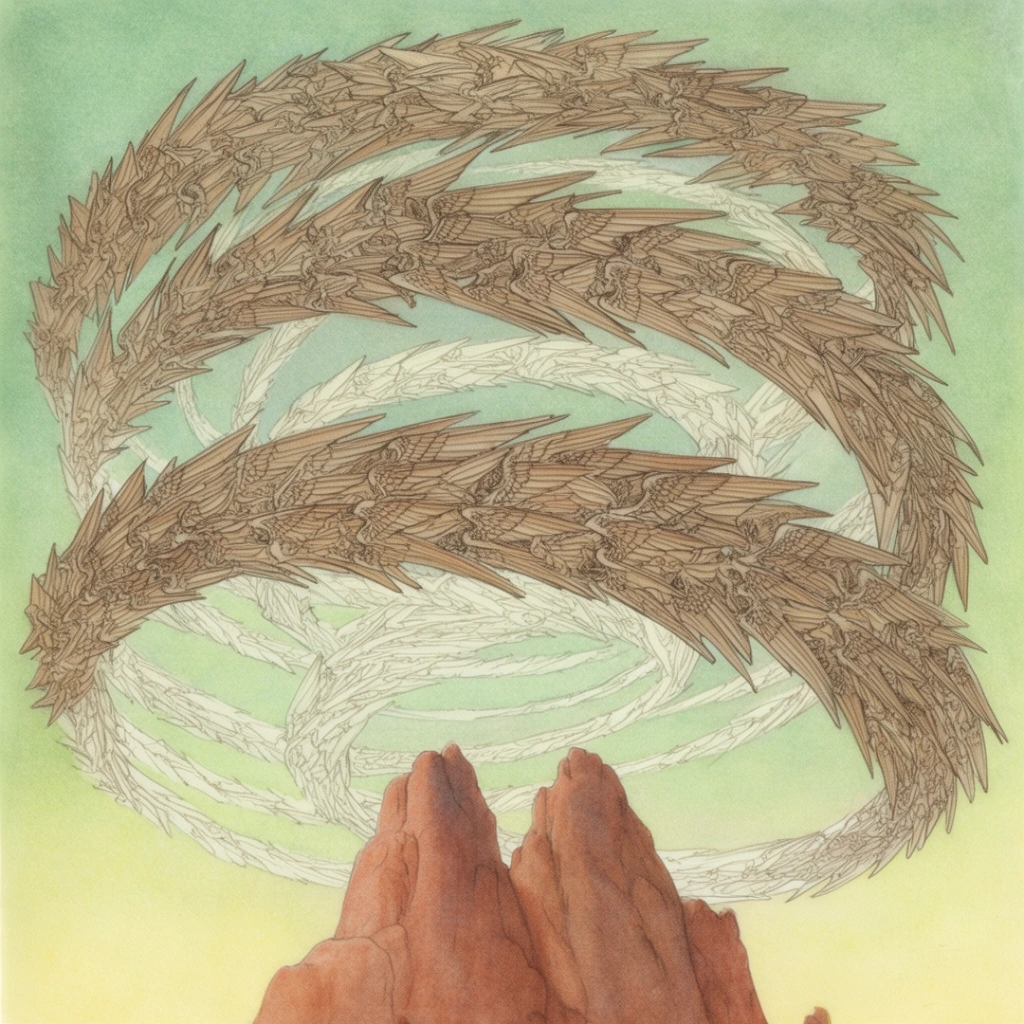 swirling vortex of densely packed spiky brown winged forms, continuous overlapping spiral band of jagged organic shapes, secondary thinner pale white spiraling band interwoven, smooth reddish-brown rock formation with twin craggy peaks in lower foreground, pale green to soft yellow gradient sky, vintage pen and ink illustration with watercolor wash, delicate precise linework, muted earthy pastel tones, surreal dreamlike scale