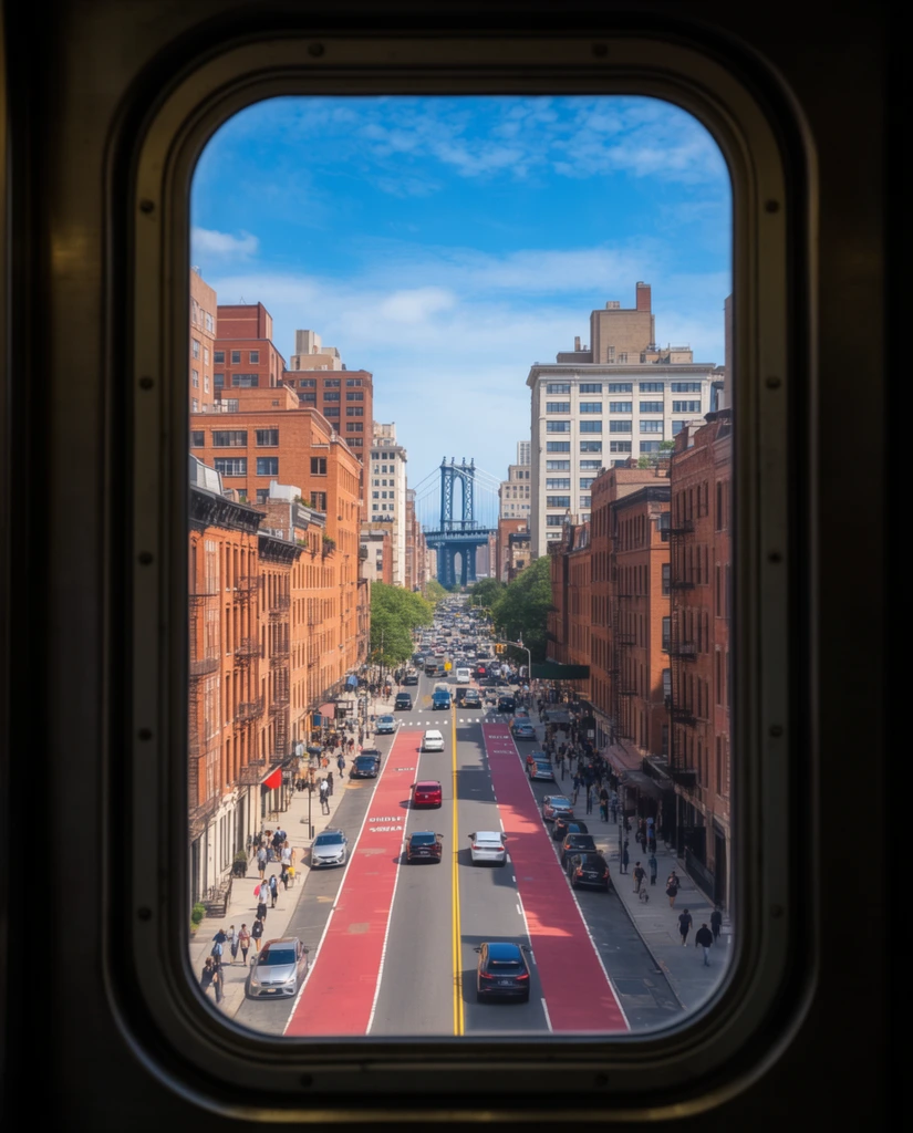An elevated view of a bustling city avenue framed by a dark, rounded rectangular train window. The straight multi-lane road features yellow center lines, red bus lanes, and active vehicle traffic. Pedestrians walk along sidewalks lined with warm, multi-story brick buildings and fire escapes. A distant blue suspension bridge tower stands centered at the avenue's vanishing point beneath a bright blue sky with scattered clouds. The sunlit urban landscape contrasts sharply with the shadowed interior frame.