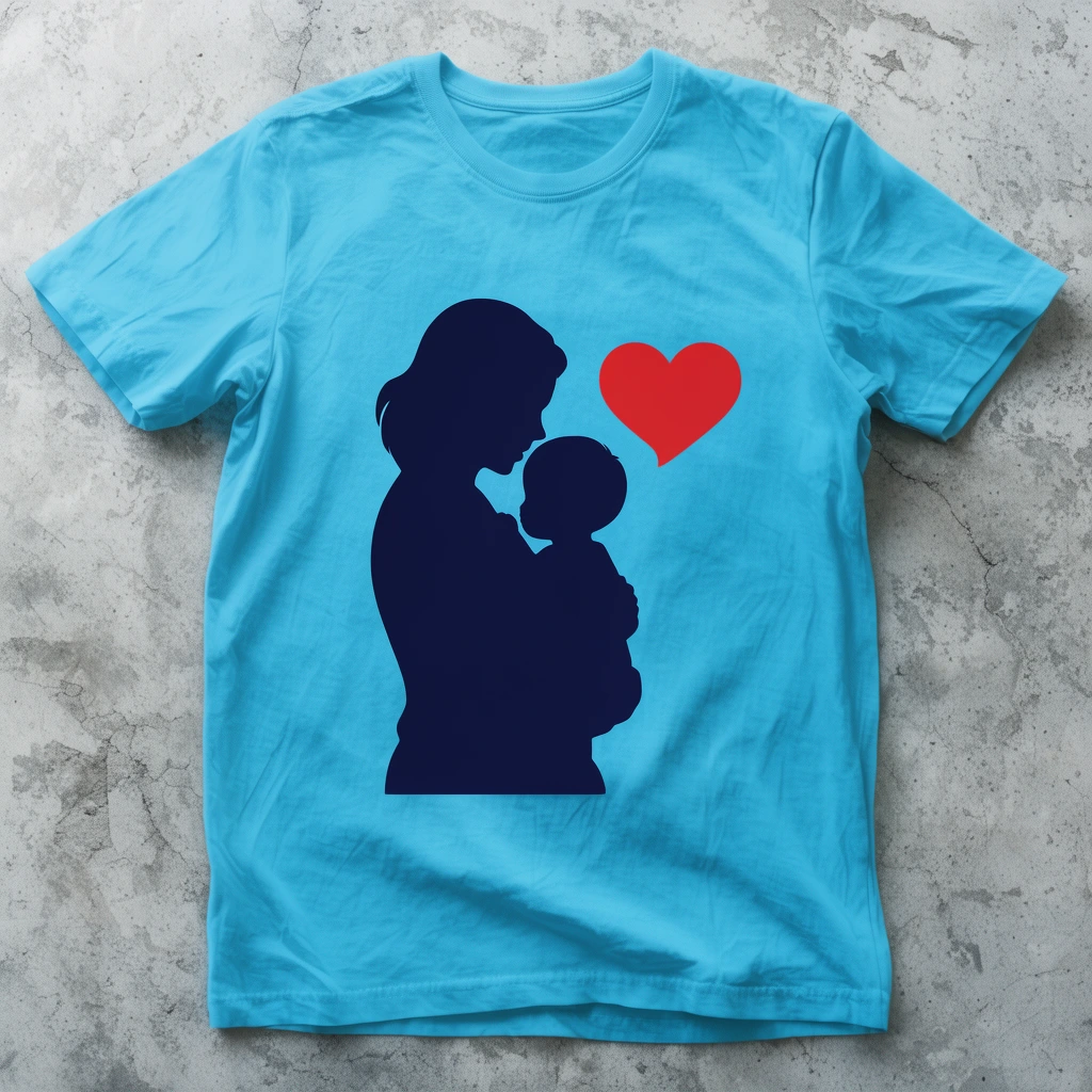 A bright cyan short-sleeved t-shirt lies flat against a mottled light gray concrete surface. The garment features a central dark navy silhouette graphic of an adult woman embracing a small child, accompanied by a solid red floating heart. Top-down flat lay photography with soft, diffused lighting highlights the natural creases of the fabric and the rough texture of the stone background.