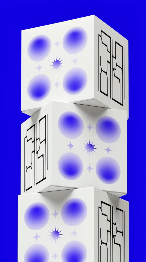 three pristine white cubic boxes stacked in a pyramid against a vivid cobalt blue backdrop, front faces patterned with vertical gradient circular shapes and starbursts fading from indigo to pale lavender, stark black abstract linear graphics on side panels, crisp studio lighting, soft precise drop shadows between the intersecting cubes, smooth matte finish, minimalist geometric aesthetic, high-contrast commercial product photography