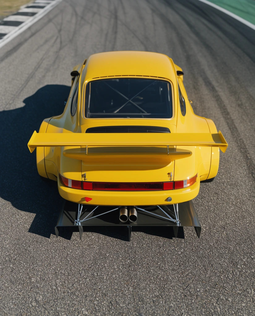 High-angle rear view of a bright yellow vintage race car on a textured asphalt track. The vehicle features wide fender flares, a prominent flat rear spoiler, and a massive lower diffuser with metal support rods. Dual exhaust pipes exit the center. Harsh direct sunlight casts a sharp dark shadow to the left. The photorealistic composition uses a wide-angle lens for a steep top-down perspective against grey pavement marked by faint tire tracks.