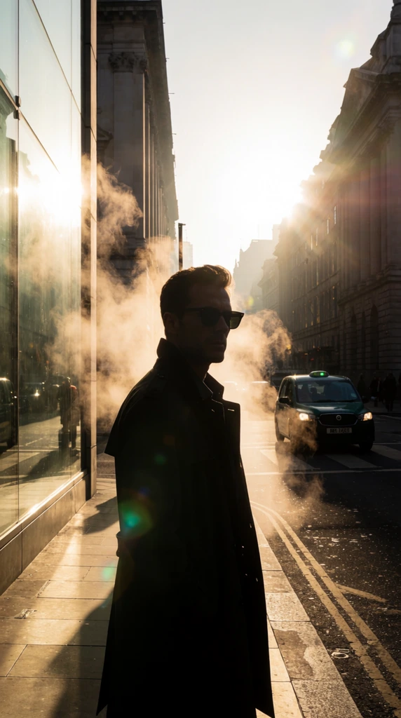 A heavily silhouetted man in a trench coat and dark sunglasses stands in profile on a sun-drenched urban corner. Intense, warm backlighting illuminates thick wisps of atmospheric steam curling around his head and shoulders. To the left, a modern glass facade reflects the blazing morning light, contrasting with classical stone buildings lining the hazy avenue. A dark taxi with a glowing green roof light approaches an intersection on the street. Dramatic lens flares, deep shadows, and a cinematic golden-hour mist define the striking composition.