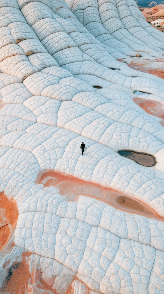 aerial view of undulating white rock formations with a deeply cracked brain-like tessellated surface, tiny solitary human figure in dark clothing walking across the vast slope providing immense scale, shallow depressions holding small puddles, exposed patches of terracotta orange sandstone, soft natural daylight casting pale blue shadows across the geometric ridges, wide angle landscape photography, striking abstract geological patterns