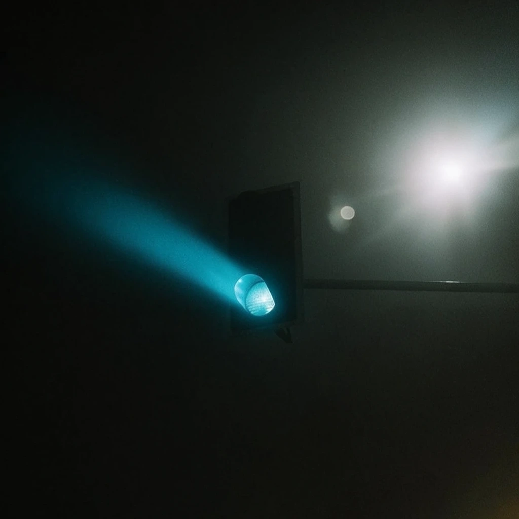 A brilliant cyan traffic light pierces thick atmospheric fog in an intensely dark nocturnal setting. The shadowy rectangular housing of the signal mounts to a faint horizontal pole, with its bottom circular lens emitting a glowing, saturated teal beam that casts a sharp volumetric ray into the mist. In the upper right background, a diffused white light source creates a soft radial flare and a solitary circular bokeh artifact. The cinematic composition relies heavily on vast expanses of deep shadow and negative space. A stark contrast between the luminous cyan beam, the harsh white glare, and the enveloping pitch-black darkness produces a dramatic, moody aesthetic enhanced by noticeable film grain.