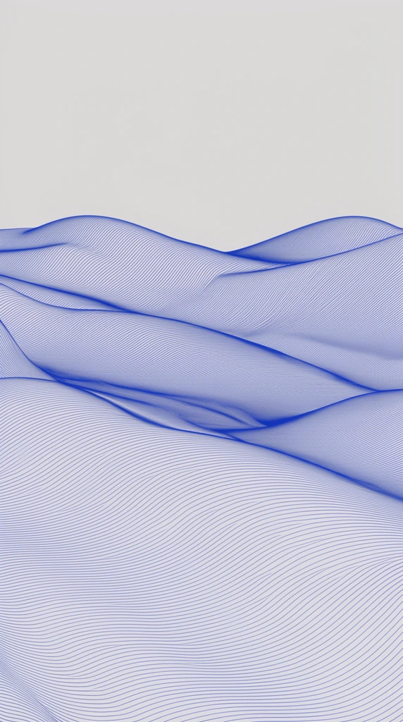 Rolling hills and expansive fields under a sky rendered entirely through undulating, thin cobalt blue lines on a solid light gray background. The landscape is constructed from continuous, flowing, parallel contour lines varying in density, spacing, and curvature to generate the illusion of depth, shading, and three-dimensional volume across the terrain. A precise, mathematical wireframe aesthetic defines the topography, utilizing a complex guilloché pattern and stylized topographic map techniques. The minimalist vector graphic relies strictly on the single-color blue line work against the flat, smooth off-white negative space of the sky, producing subtle optical moiré effects where sweeping line trajectories converge and overlap to define the natural curves of the earth.