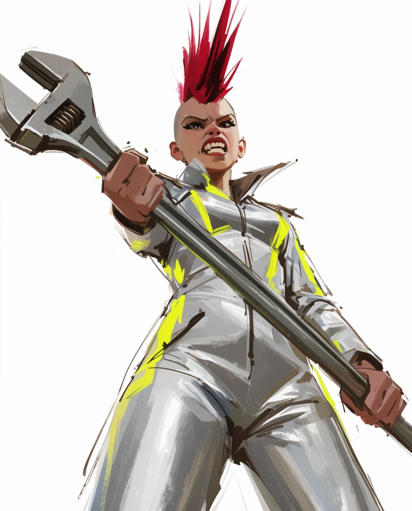 Extreme low-angle digital painting of a fierce figure with a spiky crimson mohawk wielding a massive mechanical wrench. Clad in a metallic silver jumpsuit with neon yellow accents, she grips the long thick handle stretching diagonally across the foreground. Rough, expressive brushstrokes and minimalist shading define the dynamic composition against a stark white background. Energetic linework and a muted color palette create a bold, kinetic atmosphere.
