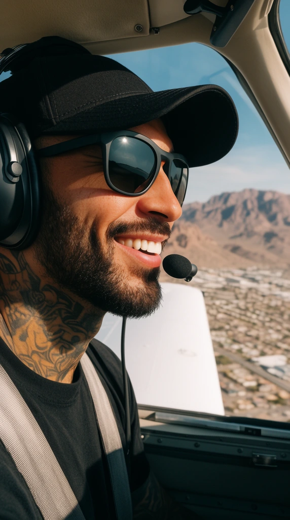 smiling bearded man with neck tattoos in an aircraft cockpit, wearing a black cap, sunglasses, black aviation headset, looking out the window at an aerial view of a desert city, rugged mountains, white aircraft wing, bright daylight, close-up portrait