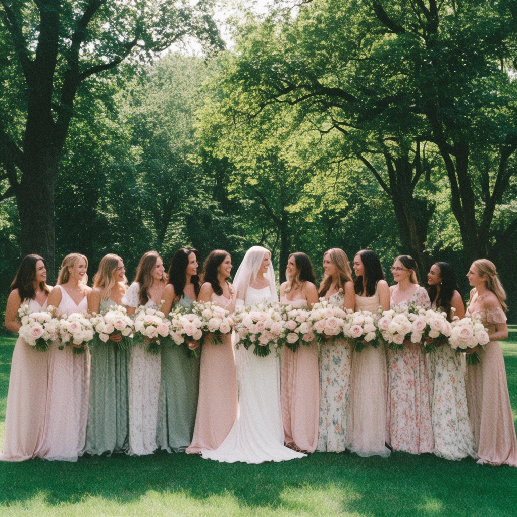 A bride in a white gown and veil stands centered among thirteen bridesmaids in a sun-dappled park. The bridesmaids wear mismatched floor-length pastel dresses in blush, sage, and soft florals, each holding a voluminous bouquet of pale pink and white roses. They form a wide horizontal line on vibrant grass, smiling candidly at one another. Dense, towering trees with rich green foliage fill the background. Captured with a grainy film photography aesthetic, natural daylight, and a wide composition.