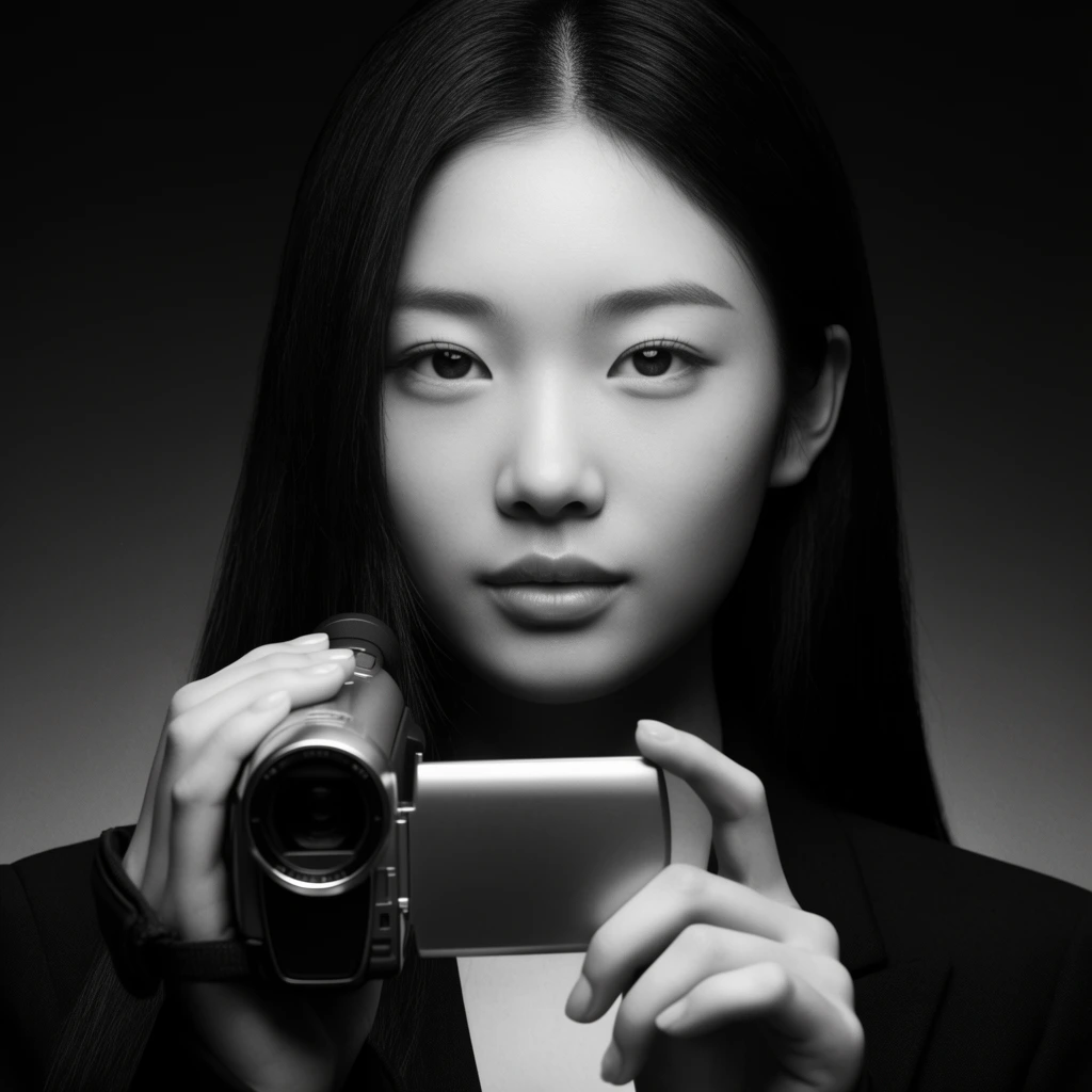 black and white portrait, young East Asian woman, long straight dark hair, holding an open compact camcorder, dark blazer, soft expression, smooth skin, dark gradient background, soft dramatic lighting
