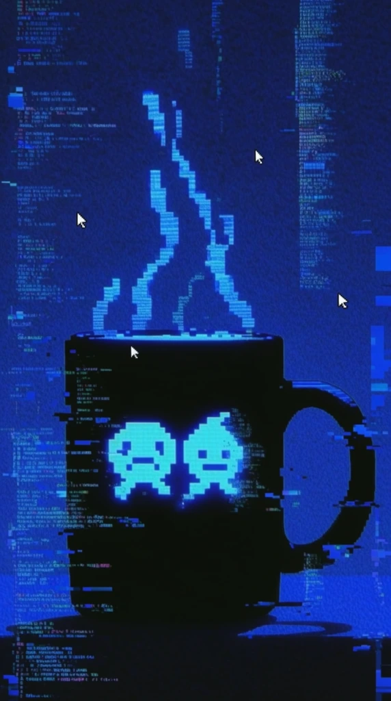 A silhouetted black mug of liquid displays a glowing cyan pixelated graphic of characters, with jagged, bright blue pixelated vapor lines rising from the surface. The deep monochromatic blue composition utilizes a retro CRT monitor aesthetic heavily layered with digital glitch art. Cascading vertical columns of neon blue code, fragmented text, and blocky artifacts overlay both the mug and the stark background. The lighting contrasts deep black voids against harsh cyan digital glows, textured entirely with heavy pixelation, horizontal scanlines, and floating white pixelated mouse cursors.