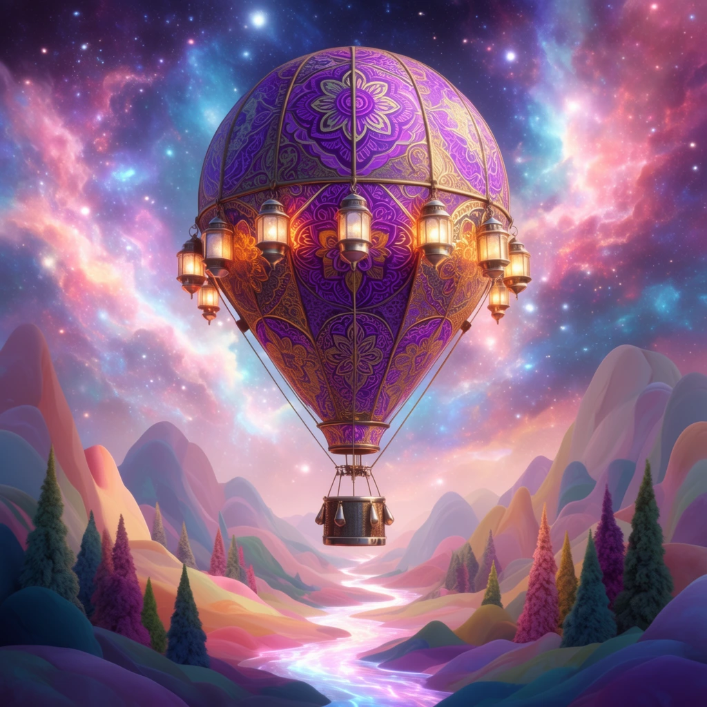 ornate hot air balloon with vibrant purple and gold mandala patterns, glowing metallic lanterns hanging around the equator, metallic basket, floating in a cosmic sky of pink and blue nebulae with bright stars, surreal landscape of smooth pastel mountains below, glowing winding river, stylized evergreen trees, saturated digital fantasy art, symmetrical framing, ethereal lighting