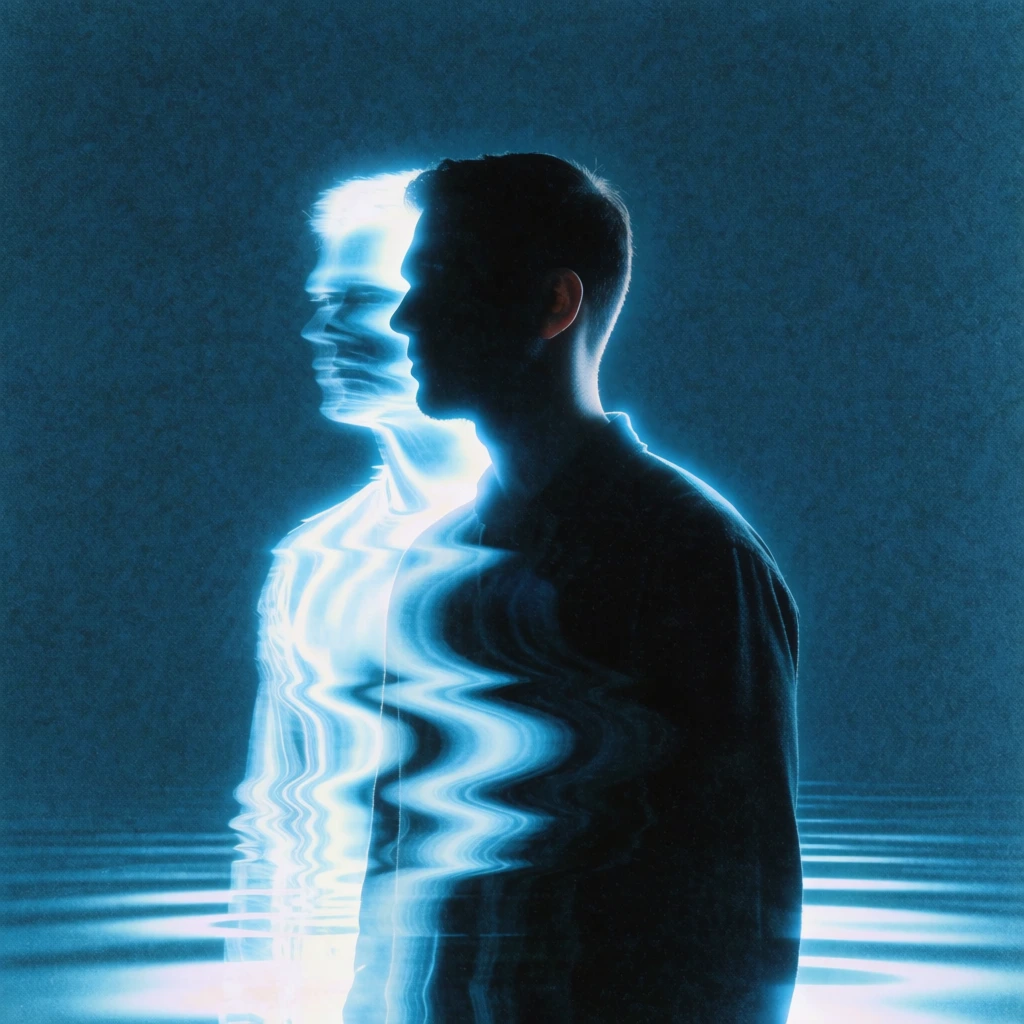 A silhouette of a man is superimposed over a distorted, glowing light trail in a heavily textured, blue-toned digital art piece. The central subject is a dark, solid silhouette of a man in profile, facing toward the left side of the frame with short hair and a visible ear. Behind and slightly overlapping the left side of the main silhouette is a secondary, translucent figure composed of bright, glowing blue and white light. This secondary figure is heavily distorted with wavy, horizontal glitch-like patterns and motion blur effects, particularly around the chest and torso. The background consists of a uniform, dark teal-blue color saturated with dense, coarse grain and film noise texture. At the bottom of the frame, horizontal ripples of glowing light create a shimmering, liquid-like surface effect. The composition is vertically oriented with the figure centered, utilizing a strong backlighting effect that defines the edges of the dark form with a soft cyan glow. The artistic style is minimalist and surreal, focusing on high-contrast forms and atmospheric lighting.
