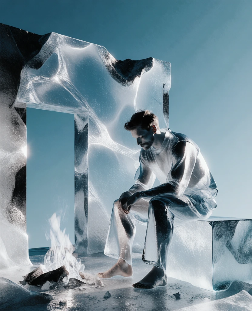 a solitary man sitting on a geometric block within a skeletal ruin, a small fire flickering on a debris-filled floor, a dark doorway to the left, all surfaces rendered with translucent ice-like materiality, sharp refractive caustics, high-key arctic lighting, monochromatic cyan-blue palette, clear cerulean sky backdrop, hyper-defined specular highlights, ethereal cold atmosphere, minimalist composition, crystalline glass-morphism, polished yet fractured textures.