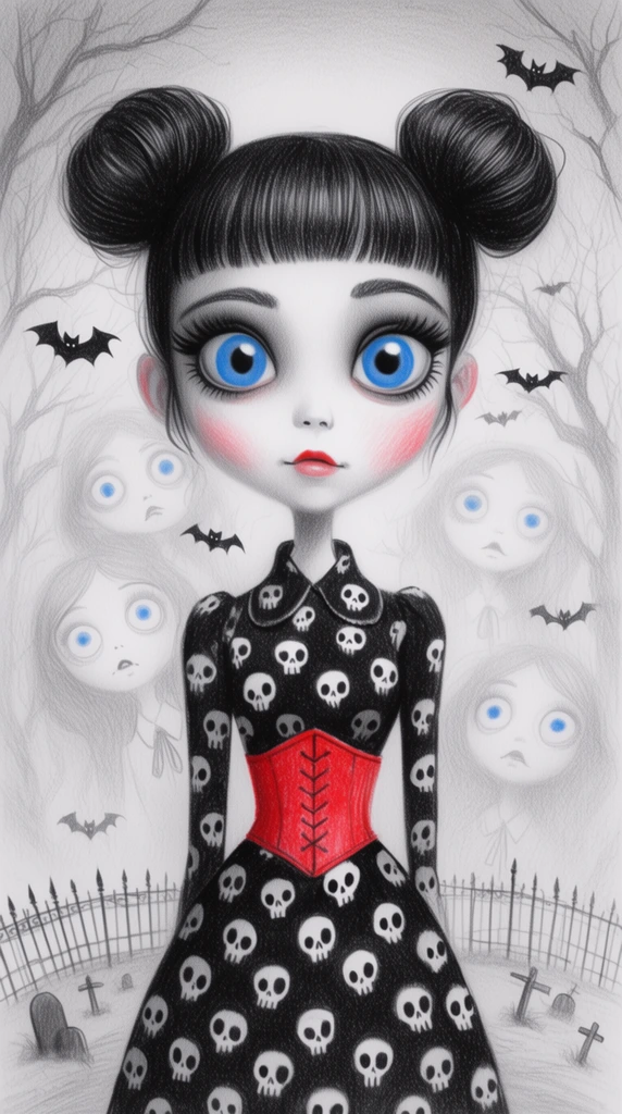 A stylized graphite drawing of a pale girl with oversized vivid blue eyes and black double buns, wearing a skull-patterned dress and red corset. Faint, ghostly outlines of other wide-eyed girls hover behind her among flying black bats, skeletal trees, an iron fence, and tiny gravestones. The soft monochromatic shading is highlighted by selective bright red and blue colored pencil accents.
