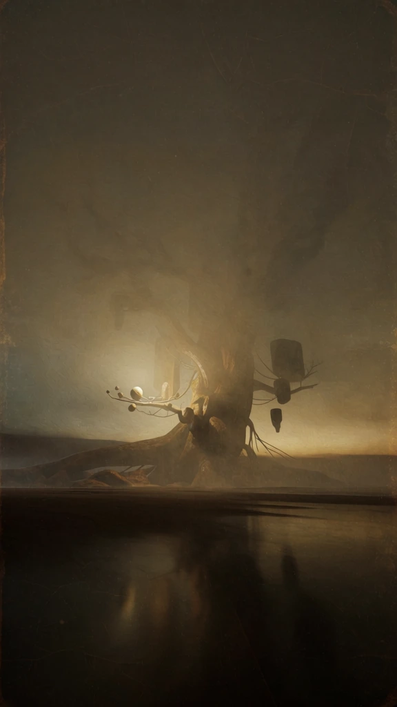 tonalist landscape aesthetic, painterly oil on canvas texture, muted sepia and ochre palette, dramatic low-key lighting with soft golden glow, thick atmospheric fog, hazy mist, grainy aged film look, low horizon line above a dark river, massive central gnarled tree-like structure reaching into a vast sky, spindly branches cradling glowing spheres and heavy rectangular blocks, ethereal and hauntingly beautiful composition, soft focus, sublime and mysterious atmosphere