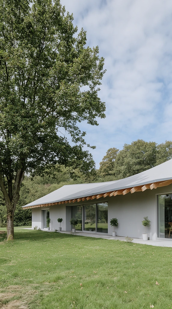 minimalist light gray single-story house exterior, inward sloping continuous roofline, pale gray roof, exposed wooden rafters under eaves, floor-to-ceiling glass windows, small potted trees along the facade, green grassy lawn, large mature leafy tree on the left, wooded background, partly cloudy blue sky, bright natural daylight, wide architectural photography