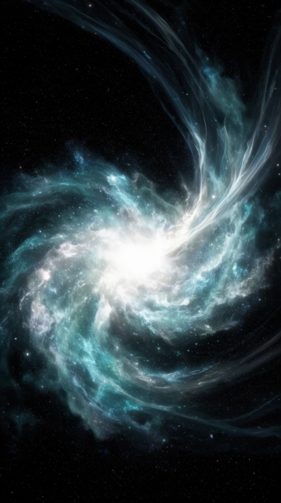 A luminous cosmic nebula with a blindingly bright white core swirling against a pitch-black starry void. Dynamic fluid clouds of teal, cyan, and white stardust form an asymmetrical vortex with a wispy tail sweeping upward to the right. Translucent tendrils of glowing energy arc across the deep space background in this high-contrast astronomical rendering.