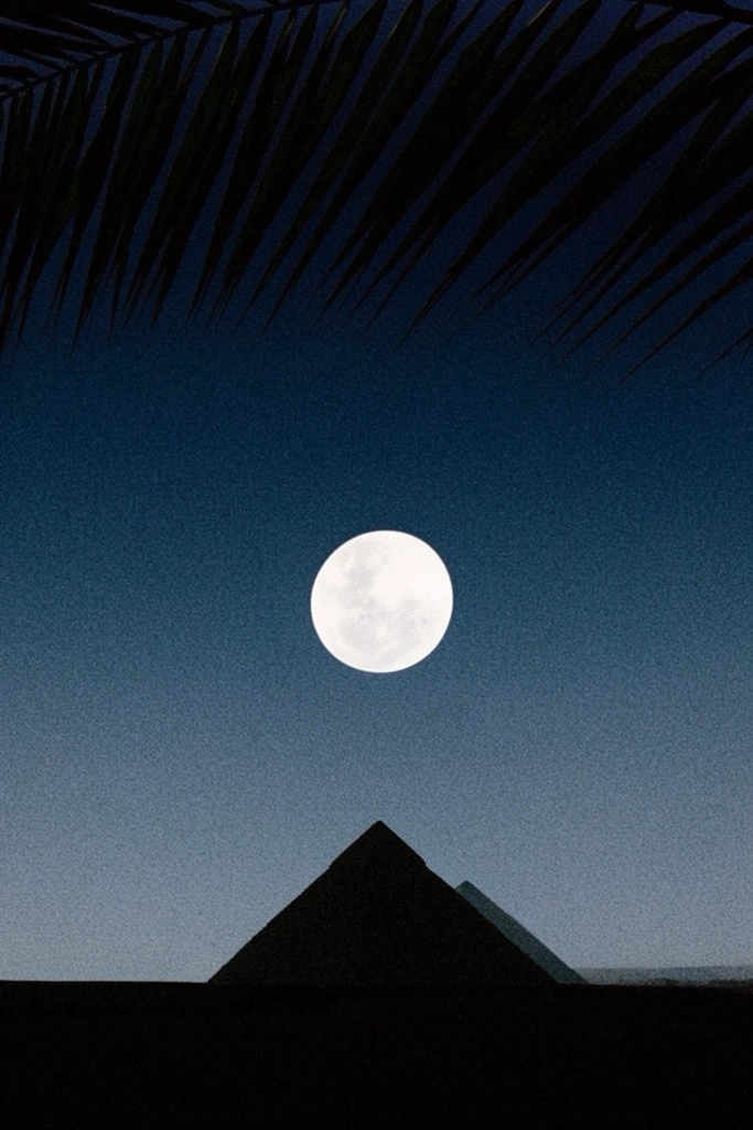 A bright full moon shines above a silhouetted pyramid against a deep blue night sky, framed by dark palm leaves. The large, dark triangular silhouette rests on a flat black horizon, with a smaller secondary peak faintly visible to its right. A crisp white lunar disc hovers perfectly centered above the main pyramid. Across the top edge, sharply defined black palm fronds droop into the frame. The sky transitions in a smooth vertical gradient from midnight blue at the zenith to a lighter slate blue near the earth. The composition features a strong analog film photography aesthetic characterized by prominent coarse film grain, high contrast minimalism, deep shadows, and stark geometric simplicity.