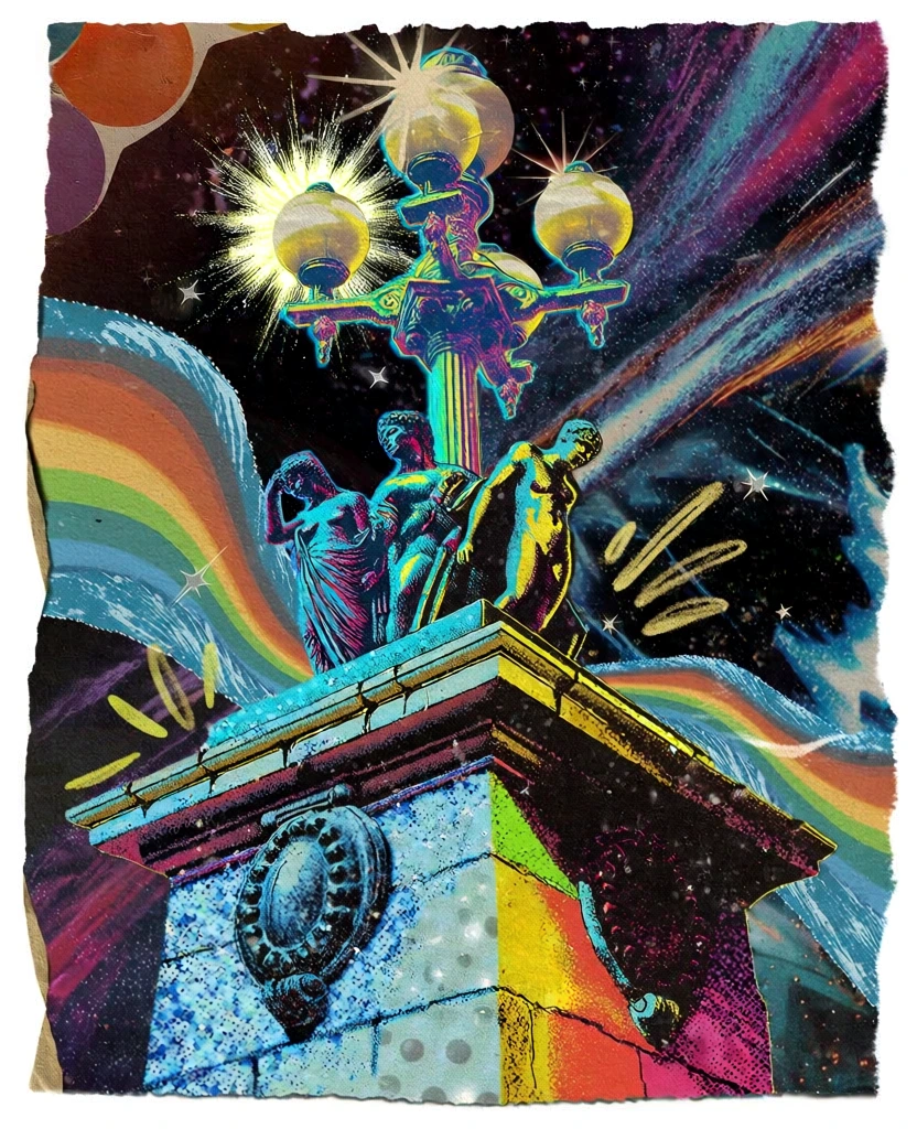 psychedelic retro-futurism collage, monumental stone column base with classical statues and ornate streetlights, heavy stippling and halftone dot textures, vibrant cyan and magenta rim lighting, deep cosmic black background, rough-cut paper edges, glowing globe streetlights with radiating starburst flares, flowing rainbow gradient streaks, hand-drawn yellow accents, vintage pulp sci-fi illustration style, high-contrast flat shading, saturated analog print grain, layered mixed-media.