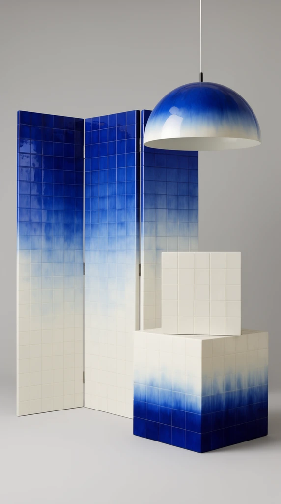 A minimalist spatial installation featuring a tiled three-panel folding screen, two stacked cubic plinths, and a hanging dome pendant lamp. All glossy geometric surfaces are clad in a square tile grid with a continuous cobalt blue and off-white dip-dye effect featuring soft, bleeding color transitions. The screen and lamp fade from deep blue at the top to white below, while the bottom cube transitions from white to a deep blue base. Set against a seamless neutral grey studio backdrop under soft diffused lighting.