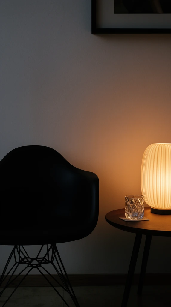 A dimly lit minimalist interior featuring a dark molded bucket armchair with a wire strut base next to a small round side table. A ribbed, barrel-shaped lamp on the table casts a warm amber glow against the plain pale wall, illuminating a faceted clear glass resting on a thin pad. A partially cropped black picture frame hangs above. The moody, high-contrast photographic composition emphasizes deep silhouettes and cozy, localized light.