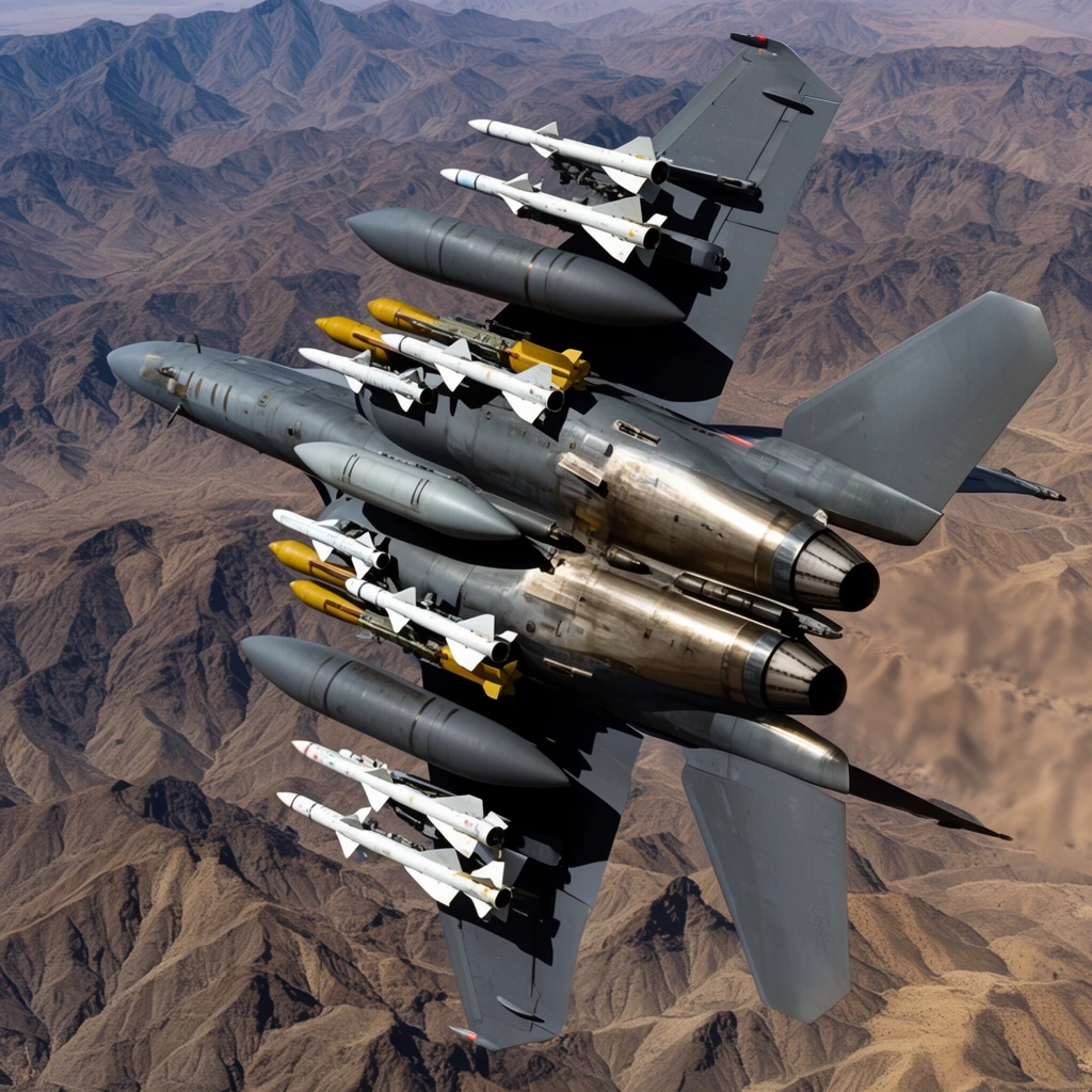 heavily armed twin-engine fighter jet banking steeply, exposed underside loaded with white missiles and yellow bombs on pylons, large external fuel tanks, twin metallic exhaust nozzles, dark grey fuselage, flying over rugged brown desert mountains, deep arid canyons, bright daylight, high-speed aerial photography, sharp focus