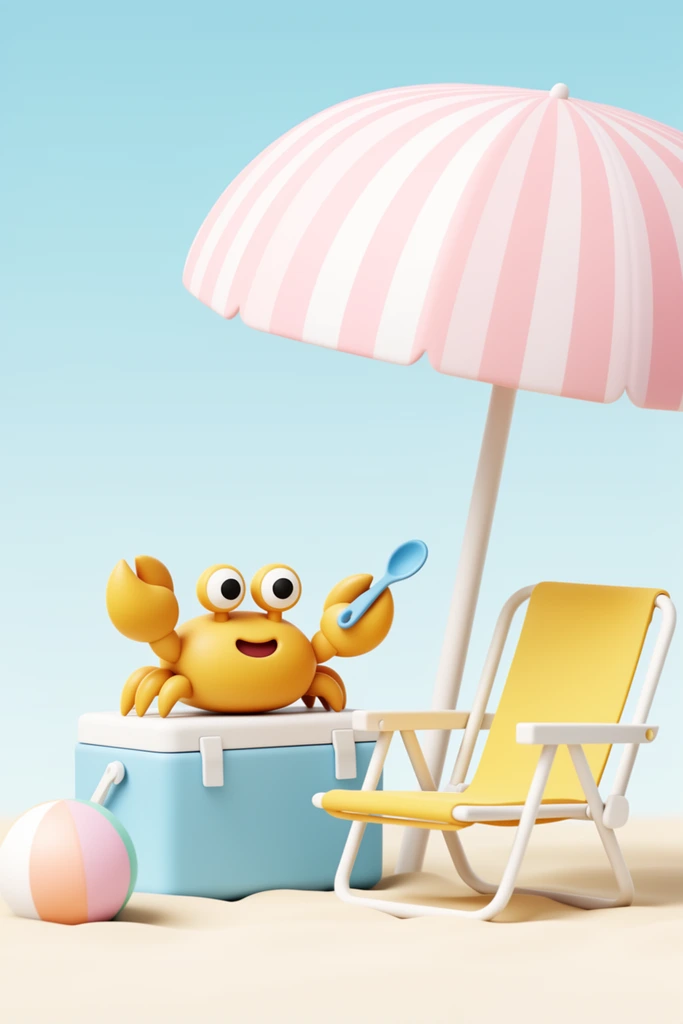 smiling yellow crab holding a blue spoon on a light blue cooler, yellow and white folding beach chair, large pink and white striped umbrella overhead, pastel beach ball on light sand, minimalist 3D rendering, matte pastel color palette, soft lighting