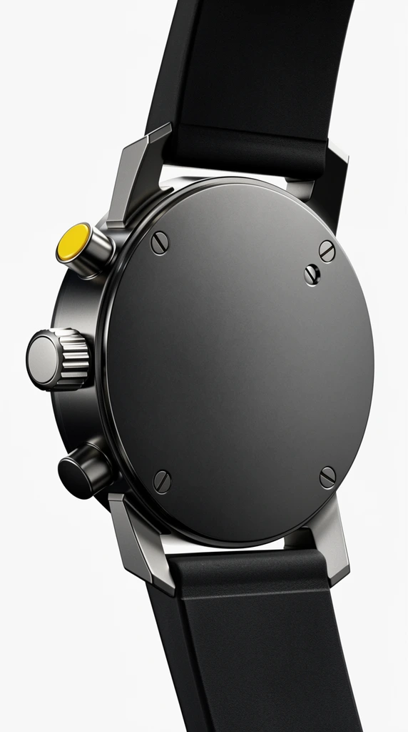 An angled close-up of a matte black metallic wristwatch case back against a seamless white background. The circular plate is secured by four flathead screws and features a small indented screw near the center. Three metallic pushers line the left edge: a top button bearing a bright yellow circular accent, a deeply knurled middle crown, and a smooth bottom button. Angular metallic lugs grip a thick black rubber strap. Crisp studio lighting emphasizes the flawless industrial finish, precise machining, and minimalist geometric design.