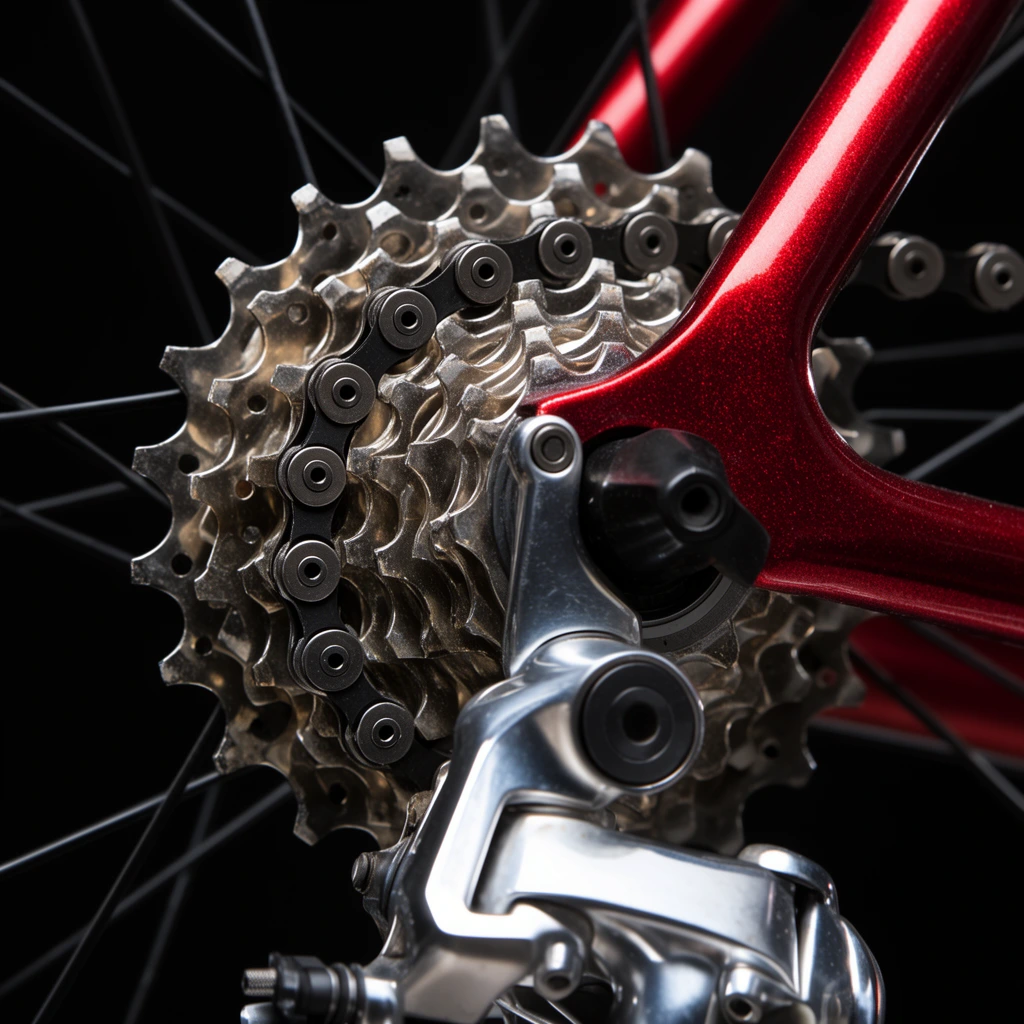 Macro photograph of a bicycle gear assembly against a pure black background. A polished silver derailleur sits beneath a stacked metallic cassette, threaded with a metal chain wrapping around jagged cogs and black pulley wheels. A sparkling metallic cherry-red frame tube curves diagonally across the top right, passing over thin black wheel spokes radiating outward. Dramatic studio edge lighting sharply defines the intricate mechanical textures.