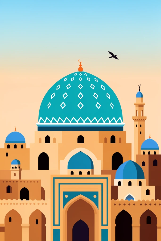 A vector illustration of a desert city centered on a large turquoise dome with white diamond patterns. Sandy-colored buildings, arched doorways, smaller blue domes, and a minaret create a layered geometric composition. A bird flies across a smooth gradient sky transitioning from warm peach to light blue, rendered in a flat, minimalist graphic style.