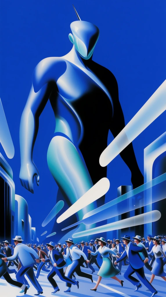 A giant humanoid figure with a sharp head antenna looms above a sleek city street, while a massive crowd of men and women wearing hats runs away in the foreground, all rendered in an ultra-smooth, retro-futuristic airbrush illustration style. The scene is defined by a bold, high-contrast graphic color palette consisting exclusively of vibrant cobalt blue, pristine icy white, pure cyan, and deep solid black. The humanoid, architecture, and fleeing figures are constructed from sweeping, aerodynamic curves with flawless gradient shading, giving every element a glossy, synthetic, plastic-like sheen. Long, floating, pill-shaped abstract geometric forms in stark white and translucent blue intersect the environment dynamically. Dramatic, stylized lighting produces brilliant white highlights and heavy, jet-black shadows that sharply define the sleek, rounded contours of the subjects. The entire composition is isolated against a perfectly flat, untextured luminous blue background, creating a hyper-polished, surreal vector art aesthetic with razor-sharp edges and pristine surfaces.