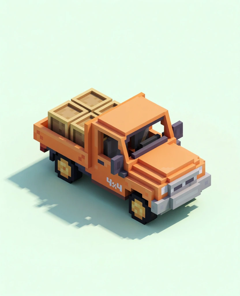 An orange, voxel-art pickup truck carrying cargo is positioned diagonally against a pale mint-green background. The vehicle is constructed from distinct 3D blocks, featuring a two-door cab with dark grey side mirrors, a dark grey windshield frame, and a light grey front bumper. In the open flatbed of the truck, several tan, box-shaped crates are stacked together. The truck sits on four black tires with yellowish-gold hubcaps. A small, white, blocky text "4x4" is visible on the lower portion of the driver-side door. The scene is presented from a high-angle isometric perspective, with soft lighting originating from the upper right, casting a jagged, pixelated shadow onto the ground to the lower left of the vehicle. The overall style is a minimalist 3D rendering with a matte finish and a pastel color palette, focusing entirely on the detailed construction of the toy-like vehicle within a void-like environment.