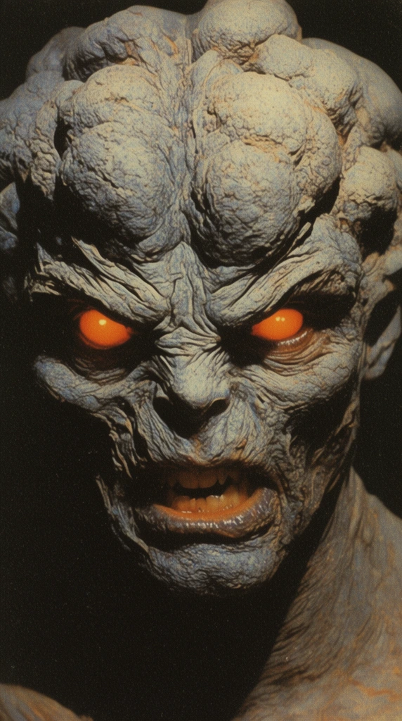 close-up monstrous face, thick grey-blue textured skin resembling dried clay, bulbous cranial masses, glowing orange eyes, harsh chiaroscuro lighting, dark background, vintage film grain