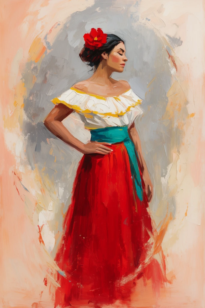 An expressive painting of a woman standing gracefully in traditional attire, her head turned right with eyes closed. She wears a vibrant red floor-length skirt, a wide teal sash, and a white off-the-shoulder ruffled blouse with yellow trim. A large red flower adorns her dark, swept-back hair. Her right hand rests on her hip. The artwork features loose, energetic brushwork and thick impasto textures. The abstract background blends pale peach, cream, and cool gray tones, utilizing sweeping palette knife marks and broad strokes to form a heavily textured, organic halo around the central figure.