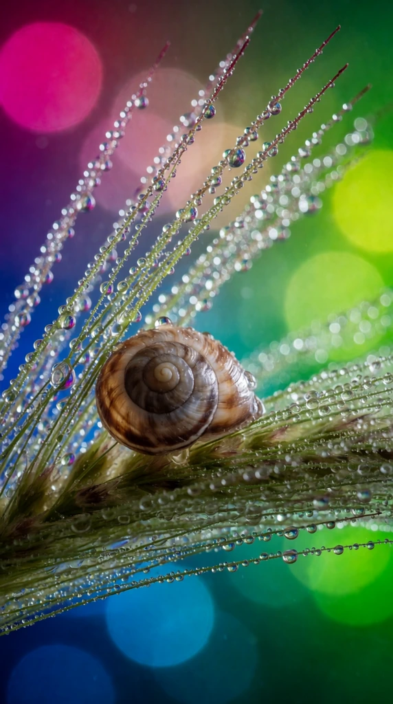 A glossy, brown-and-white spiraled snail shell anchors a vibrant macro composition. Sweeping, hair-like plant stalks covered in sparkling water droplets streak diagonally through a luminous background of magenta, deep blue, and vivid green bokeh.
