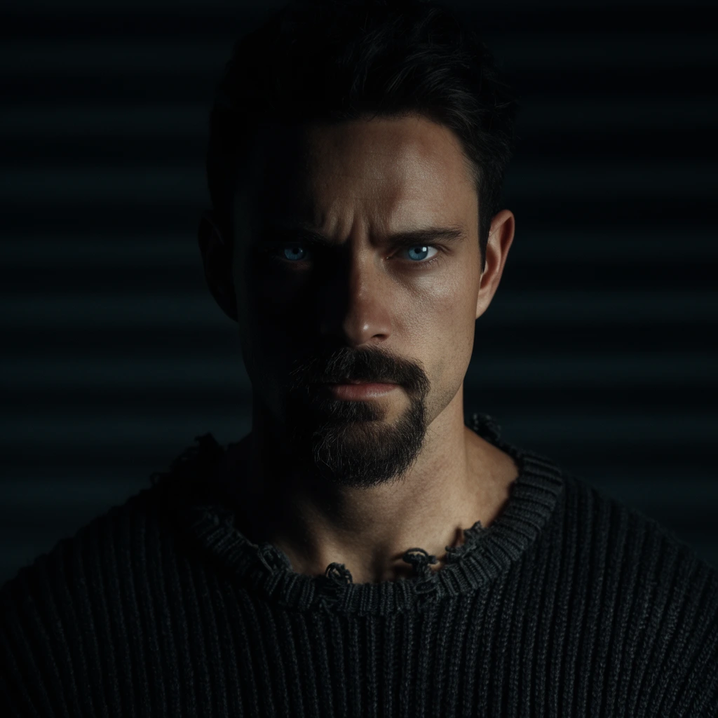 Cinematic close-up of a man with intense blue eyes and a dark goatee, wearing a dark distressed ribbed-knit sweater. Dramatic low-key chiaroscuro lighting illuminates half of his serious face, leaving the rest in deep shadow against a dark horizontally ridged background.