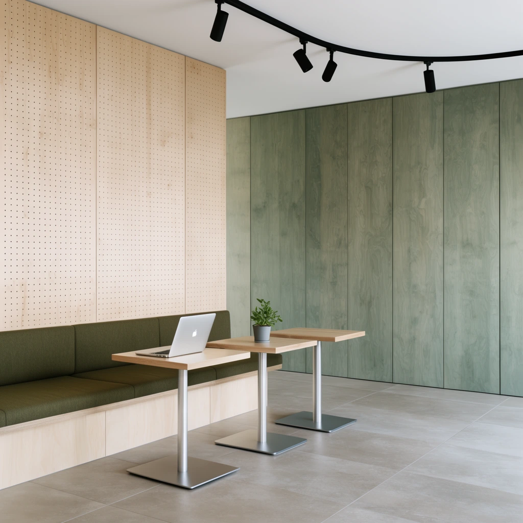 modern minimalist interior, built-in olive green upholstered bench, blonde wood pegboard wall paneling, light wood tables with silver metal legs, open silver laptop, small potted plant, tall sage green stained wood wall panels, black curved track lighting on white ceiling, neutral grey tile floor, soft natural daylight, architectural photography, clean geometric lines