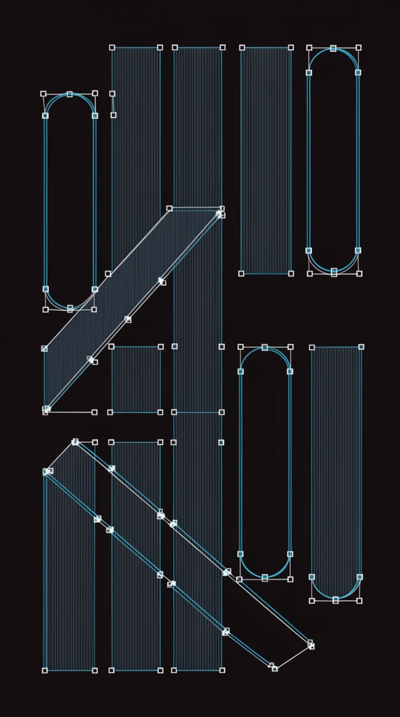 vector wireframe geometric shapes on solid black, vertical and diagonal bars, hollow rounded forms, dense vertical pinstripe fill, cyan outlines, white square anchor points, bezier handles, digital drafting aesthetic