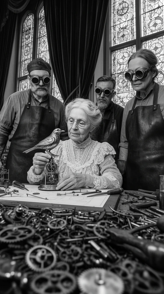 A crisp black and white low-angle photograph of an elderly woman in a Victorian lace dress seated at a drafting table, delicately adjusting a metallic clockwork bird. Three tall figures wearing leather blacksmith aprons and brass goggles stand closely around her, observing the assembly. The extreme foreground is densely packed with a blurred, chaotic jumble of scattered cogs, springs, and hand tools. Heavy draped velvet curtains and tall arched stained-glass windows fill the softly illuminated background, establishing a textured, industrious atmosphere.