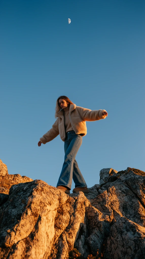 woman balancing on rugged rocky ridge, beige fluffy jacket, flared jeans, golden hour light on textured stone, vast clear blue sky, half moon, low angle