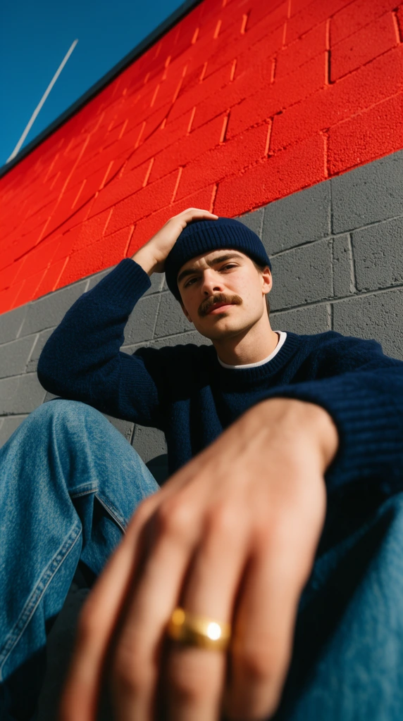 low angle street photography, young man with a mustache sitting against a two-toned red and grey cinderblock wall, wearing a navy blue beanie, navy blue sweater, blue jeans, right hand resting on head, left hand with gold ring extended toward camera in extreme blurred foreground, bright harsh sunlight, deep contrasting shadows, vibrant primary colors, wide-angle perspective