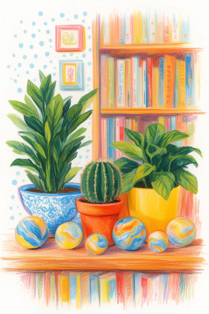 A vibrant pastel illustration depicts a wooden shelf holding three potted plants and scattered decorative spheres. A tall plant in a patterned blue bowl, a ribbed cactus in a terracotta pot, and a leafy plant in a yellow planter sit behind six marbled blue, yellow, and orange spheres. A bookshelf filled with colorful spines stands behind them against a wall with light blue polka dots and small framed art. The composition features loose colored pencil strokes, visible sketch textures, and a cheerful warm palette fading into white edges.