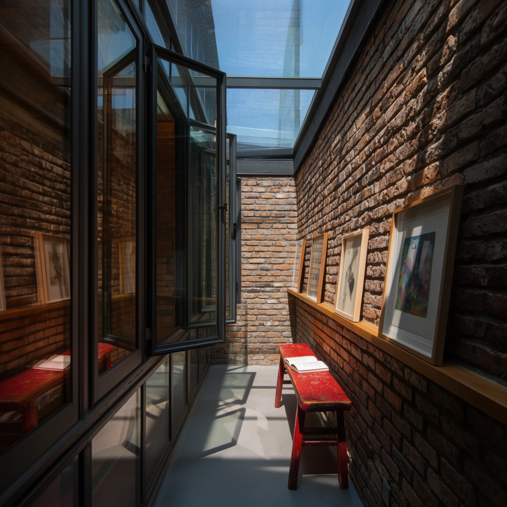 A narrow, sunlit glass-enclosed corridor features a striking interplay of rough brick and transparent surfaces. On the left, dark-framed glass windows stand partially open, reflecting the warm interior. Opposite, a textured brick wall holds a narrow wooden ledge displaying four framed artworks. A distressed red wooden bench bearing an open book rests on the smooth grey floor. A glass skylight allows strong, direct sunlight to flood the space, casting sharp geometric shadows of the window frames across the floor and brickwork. The architectural photography highlights the strong linear perspective, rich textures, and high-contrast lighting.