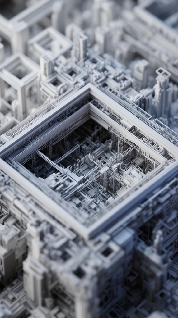 A highly detailed, intricate model of a complex architectural structure, rendered in shades of light grey and white. The structure features a labyrinth of geometric shapes, including squares, rectangles, and columns, arranged in a multi-layered, almost mechanical design. The central focus is a large, open square frame revealing an intricate internal network of pipes, beams, and platforms. The composition uses a shallow depth of field, with the central frame sharply in focus while the foreground and background blur out, emphasizing the micro-scale complexity. The lighting is soft and diffused, highlighting the texture and depth of the intricate details, creating a futuristic, industrial aesthetic reminiscent of a miniature sci-fi cityscape or a complex piece of machinery.