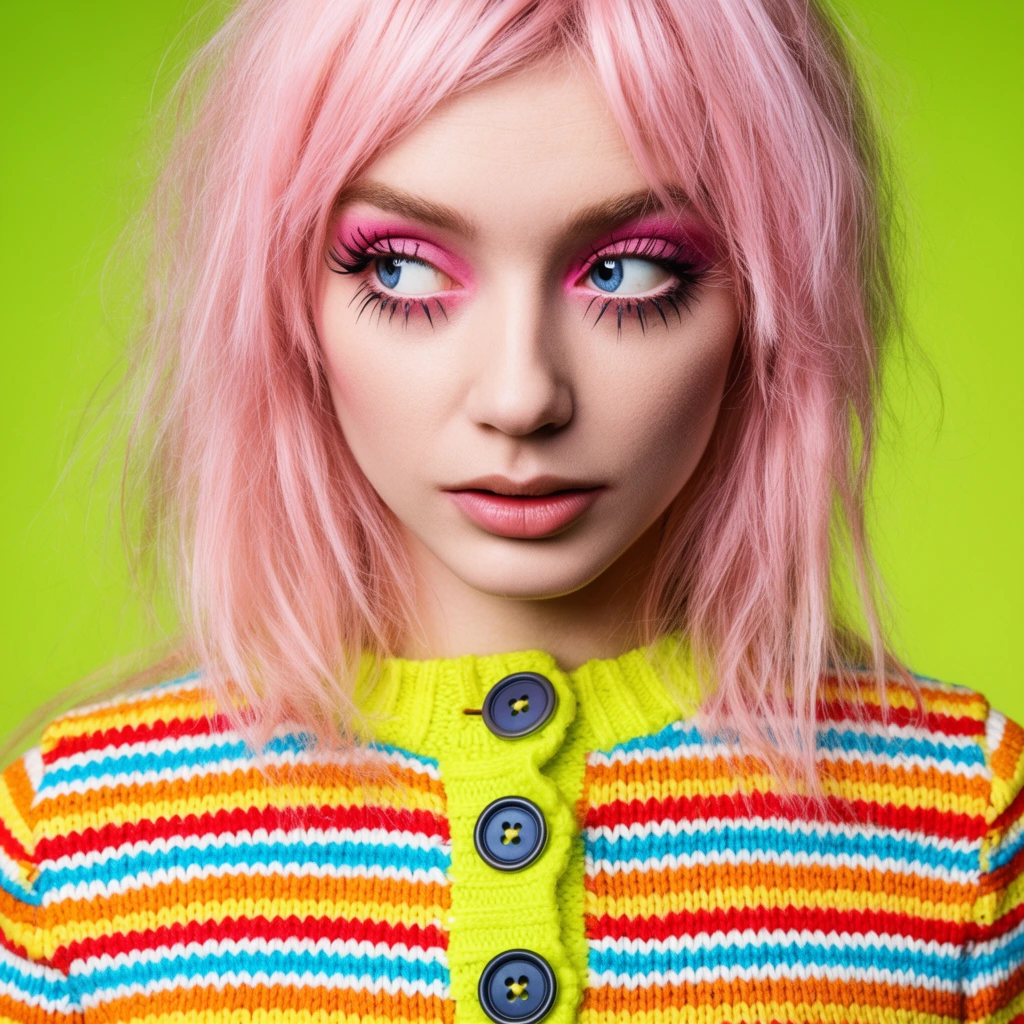 A close-up studio portrait of a young woman with tousled pastel pink hair framing her face, set against a solid, vibrant lime green background. Her striking blue eyes glance sharply to the side, accentuated by heavy, spidery lower and upper eyelashes and bold pink eyeshadow. She wears a thick, horizontally striped knit sweater in bright bands of yellow, orange, red, cyan, and white. Over the sweater, a vivid yellow-green placket detail features large, dark, four-hole buttons. The fashion photography style utilizes crisp, direct lighting to emphasize the high-contrast complementary color palette, the tactile textures of the ribbed knit fabric, and her striking, doll-like makeup.